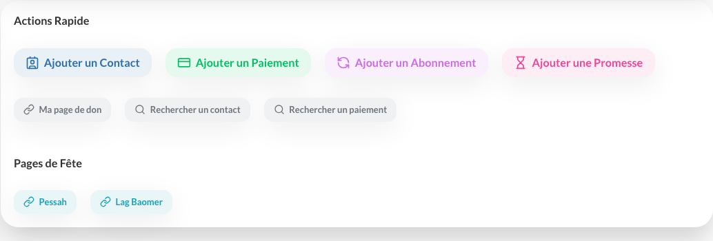 Bloc Actions rapides du tableau de bord