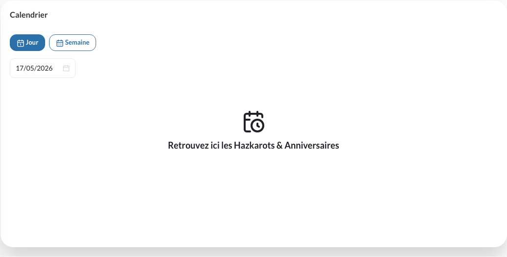 Bloc Calendrier du tableau de bord avec les vues Jour et Semaine